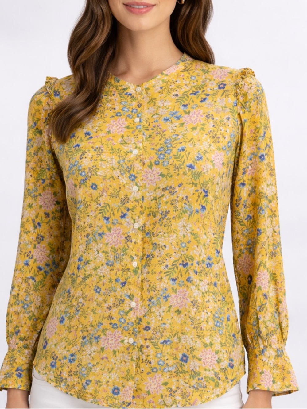 Old Navy Womens XSmall Long Sleeve Button Up‎ Blouse Yellow Floral